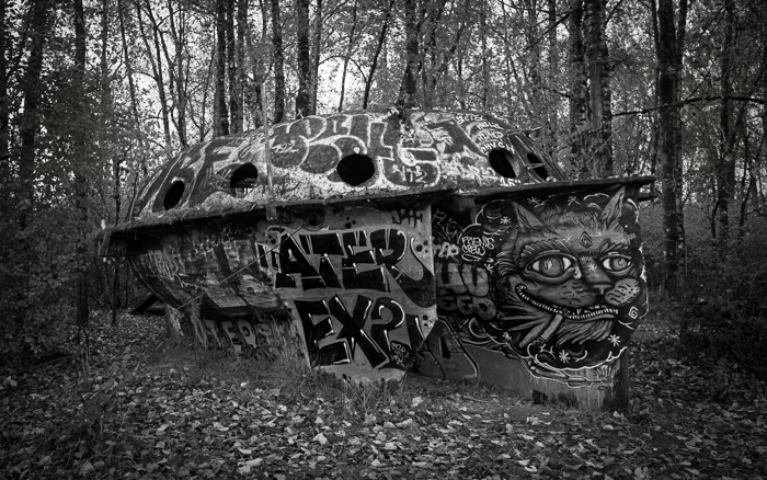 abandoned Sauvie Saucer, a UFO shaped boat on the banks of the Columbia River in Sauvie Island outside of Portland, Oregon.