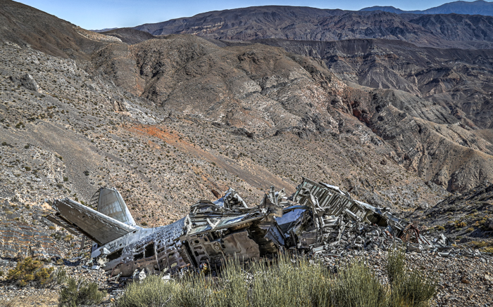 The plane crash site of the SA-16 Albatross Plane Wreck beneath Towne Peak in Death Valley National Park.