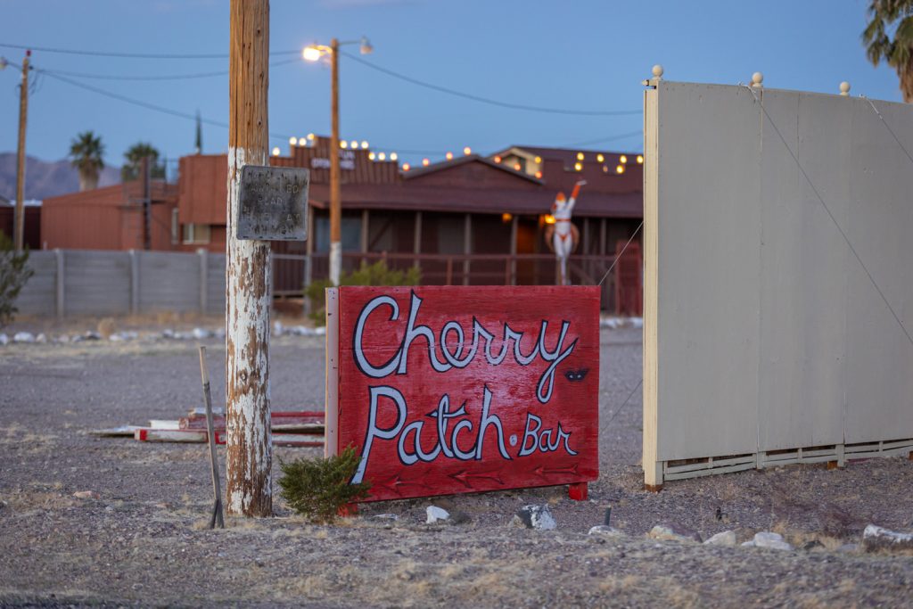 A sign marks the abandoned brothel in Nevada
